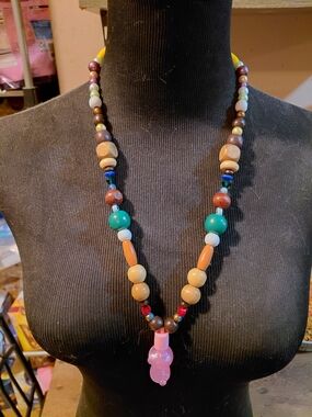 Boho Multicolor Beaded Necklace with Pink Pendant